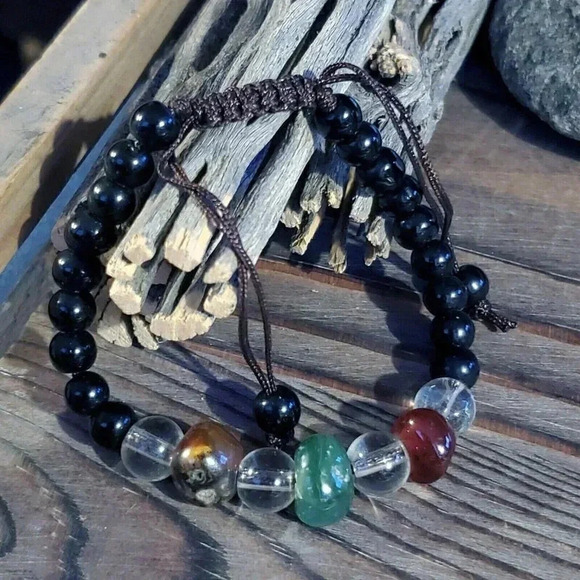 Tibetan Green Red Agate Black Beads Healing Energy Gemstone Bracelet - Picture 1 of 7